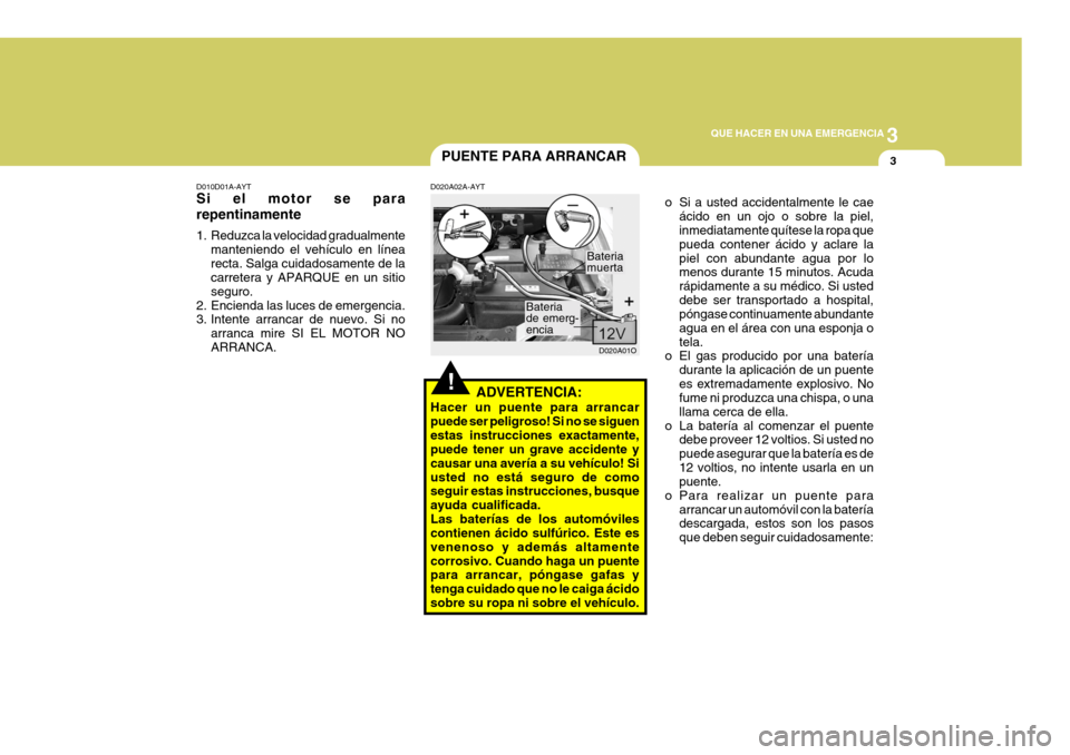 Hyundai Santa Fe 2005 Manual del propietario (in Spanish) 3
QUE HACER EN UNA EMERGENCIA
3
!
PUENTE PARA ARRANCAR
D020A02A-AYT
ADVERTENCIA:
Hacer un puente para arrancar puede ser peligroso! Si no se siguenestas instrucciones exactamente, puede tener un grave Hyundai Santa Fe 2005 Manual del propietario (in Spanish) 3
QUE HACER EN UNA EMERGENCIA
3
!
PUENTE PARA ARRANCAR
D020A02A-AYT
ADVERTENCIA:
Hacer un puente para arrancar puede ser peligroso! Si no se siguenestas instrucciones exactamente, puede tener un grave