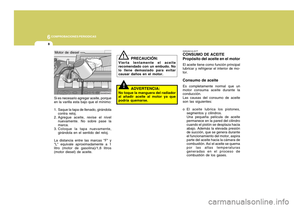 Hyundai Santa Fe 2005 Manual del propietario (in Spanish) 6COMPROBACIONES PERIODICAS
8
!
G350A01A-GYT
CONSUMO DE ACEITE Propósito del aceite en el motor
El aceite tiene como función principal
lubricar y refrigerar el interior de mo- tor. Consumo de aceite
Hyundai Santa Fe 2005 Manual del propietario (in Spanish) 6COMPROBACIONES PERIODICAS
8
!
G350A01A-GYT
CONSUMO DE ACEITE Propósito del aceite en el motor
El aceite tiene como función principal
lubricar y refrigerar el interior de mo- tor. Consumo de aceite