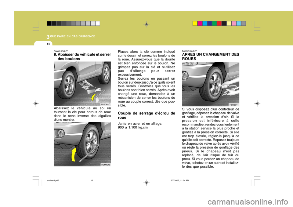 Hyundai Santa Fe 2005  Manuel du propriétaire (in French) 3QUE FAIRE EN CAS DURGENCE
12
D060I01E-GUT 
8. Abaisser du véhicule et serrer
des boulons D060J01O-GUTAPRES UN CHANGEMENT DES
ROUES
Abaissez le véhicule au sol en
tournant la clé pour écrous de r