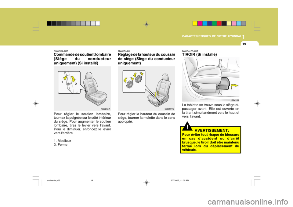 Hyundai Santa Fe 2005  Manuel du propriétaire (in French) 1
CARACTÉRISTIQUES DE VOTRE HYUNDAI
19
!
B080E02A-AUT Commande de soutient lombaire (Siège du conducteuruniquement) (Si installé) Pour régler le soutien lombaire, tournez la poignée sur le côté