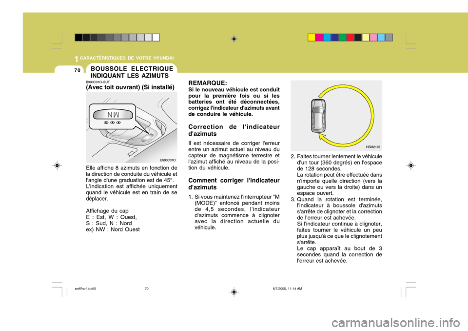 Hyundai Santa Fe 2005  Manuel du propriétaire (in French) 1CARACTÉRISTIQUES DE VOTRE HYUNDAI
70
REMARQUE:
Si le nouveau véhicule est conduit
pour la première fois ou si les batteries ont été déconnectées, corrigez lindicateur dazimuts avantde condui