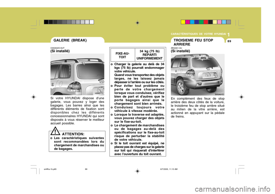 Hyundai Santa Fe 2005  Manuel du propriétaire (in French) 1
CARACTÉRISTIQUES DE VOTRE HYUNDAI
89GALERIE (BREAK)
C630A02O-GUT (Si installé) Si votre HYUNDAI dispose dune galerie, vous pouvez y loger desbagages. Les barres alnsi que les différents élémen