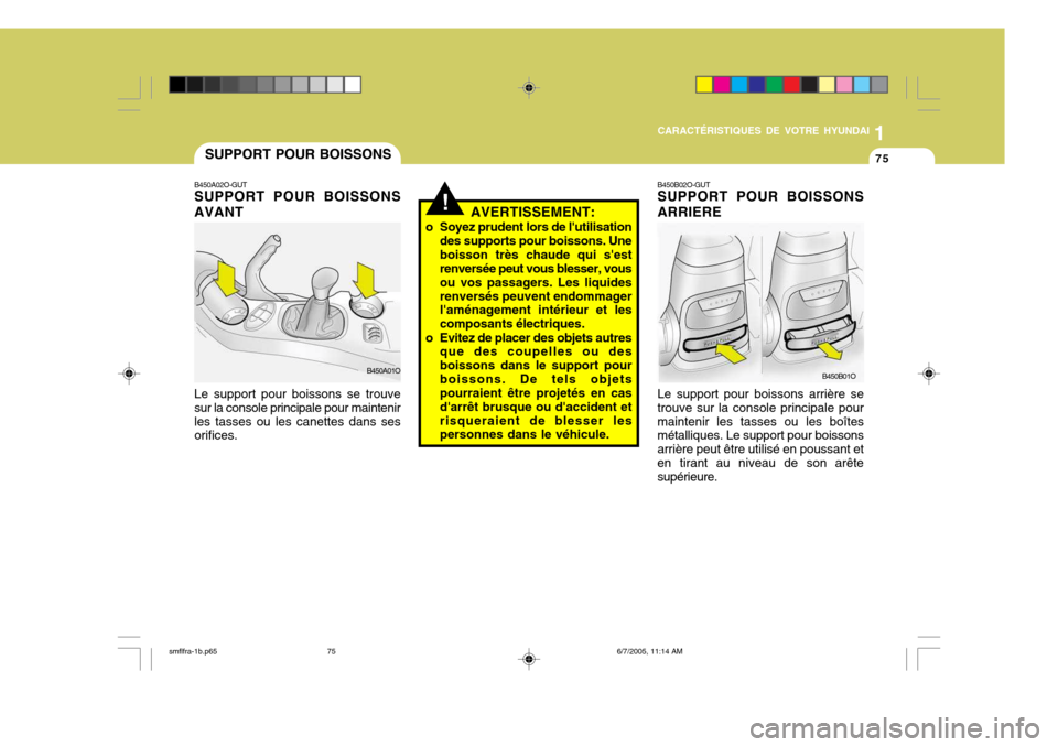 Hyundai Santa Fe 2005  Manuel du propriétaire (in French) 1
CARACTÉRISTIQUES DE VOTRE HYUNDAI
75SUPPORT POUR BOISSONS
B450A02O-GUT SUPPORT POUR BOISSONS AVANT Le support pour boissons se trouve sur la console principale pour maintenirles tasses ou les canet