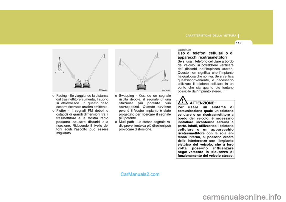 Hyundai Santa Fe 2005 Manuale del proprietario (in Italian) 1
CARATTERISTICHE DELLA VETTURA
115
B750A04L
B750A05L
o Fading - Se viaggiando la distanza dal trasmettitore aumenta, il suono si affievolisce. In questo caso occorre ricercare unaltra emittente.
o F Hyundai Santa Fe 2005 Manuale del proprietario (in Italian) 1
CARATTERISTICHE DELLA VETTURA
115
B750A04L
B750A05L
o Fading - Se viaggiando la distanza dal trasmettitore aumenta, il suono si affievolisce. In questo caso occorre ricercare unaltra emittente.
o F