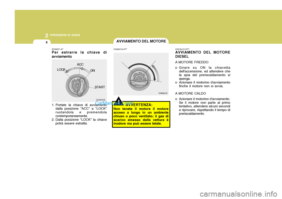 Hyundai Santa Fe 2005  Manuale del proprietario (in Italian) 2 OPERAZIONI DI GUIDA
6AVVIAMENTO DEL MOTORE
!
C050A01E
C050A01A-ATT
AVVERTENZA:
Non tenete il motore il motore
acceso a lungo in un ambiente chiuso o poco ventilato; il gas discarico emesso dalla vet
