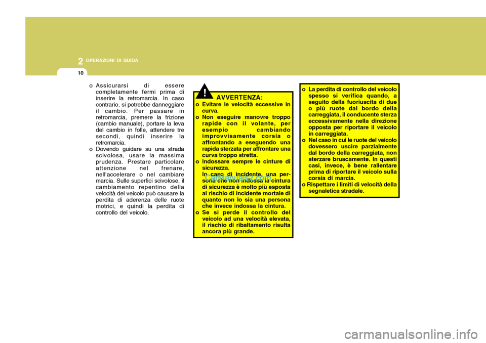 Hyundai Santa Fe 2005 Manuale del proprietario (in Italian) 2 OPERAZIONI DI GUIDA
10
!
o Assicurarsi di essere
completamente fermi prima di inserire la retromarcia. In caso contrario, si potrebbe danneggiare il cambio. Per passare inretromarcia, premere la fri Hyundai Santa Fe 2005 Manuale del proprietario (in Italian) 2 OPERAZIONI DI GUIDA
10
!
o Assicurarsi di essere
completamente fermi prima di inserire la retromarcia. In caso contrario, si potrebbe danneggiare il cambio. Per passare inretromarcia, premere la fri