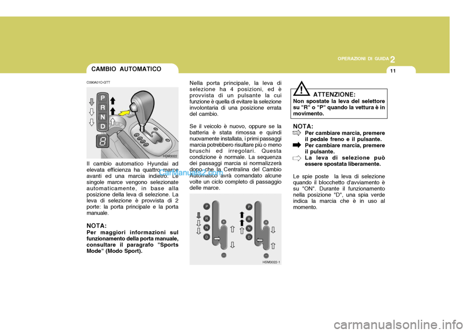 Hyundai Santa Fe 2005 Manuale del proprietario (in Italian) 2
OPERAZIONI DI GUIDA
11CAMBIO AUTOMATICO
HSM3022Nella porta principale, la leva di selezione ha 4 posizioni, ed èprovvista di un pulsante la cui funzione è quella di evitare la selezione involontar Hyundai Santa Fe 2005 Manuale del proprietario (in Italian) 2
OPERAZIONI DI GUIDA
11CAMBIO AUTOMATICO
HSM3022Nella porta principale, la leva di selezione ha 4 posizioni, ed èprovvista di un pulsante la cui funzione è quella di evitare la selezione involontar