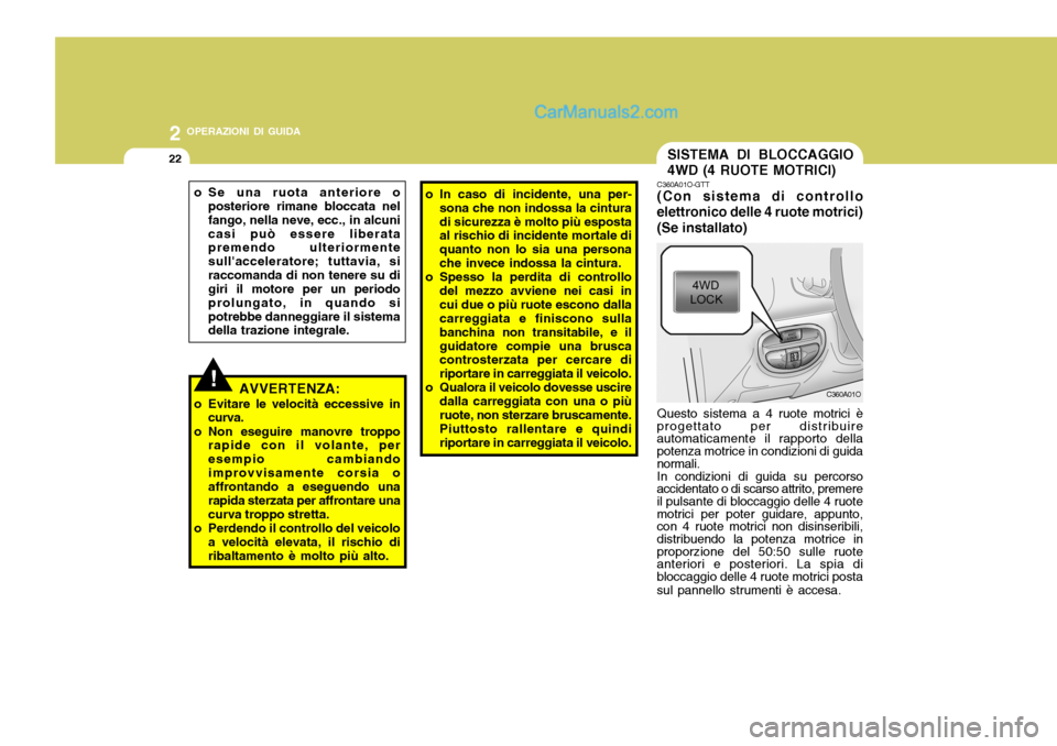 Hyundai Santa Fe 2005 Manuale del proprietario (in Italian) 2 OPERAZIONI DI GUIDA
22SISTEMA DI BLOCCAGGIO 4WD (4 RUOTE MOTRICI)
!
o Se una ruota anteriore o
posteriore rimane bloccata nel fango, nella neve, ecc., in alcunicasi può essere liberata premendo ult Hyundai Santa Fe 2005 Manuale del proprietario (in Italian) 2 OPERAZIONI DI GUIDA
22SISTEMA DI BLOCCAGGIO 4WD (4 RUOTE MOTRICI)
!
o Se una ruota anteriore o
posteriore rimane bloccata nel fango, nella neve, ecc., in alcunicasi può essere liberata premendo ult