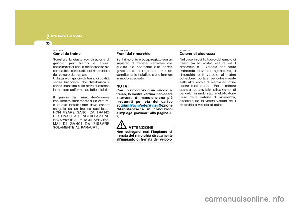 Hyundai Santa Fe 2005 Manuale del proprietario (in Italian) 2 OPERAZIONI DI GUIDA
30
YC200C3-AT Freni del rimorchio Se il rimorchio è equipaggiato con un impianto di frenata, verificare che questo sia conforme alle normegovernative o regionali, che sia corret Hyundai Santa Fe 2005 Manuale del proprietario (in Italian) 2 OPERAZIONI DI GUIDA
30
YC200C3-AT Freni del rimorchio Se il rimorchio è equipaggiato con un impianto di frenata, verificare che questo sia conforme alle normegovernative o regionali, che sia corret