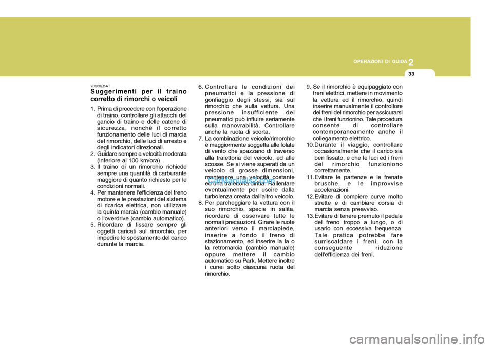 Hyundai Santa Fe 2005 Manuale del proprietario (in Italian) 2
OPERAZIONI DI GUIDA
33
6. Controllare le condizioni dei pneumatici e la pressione di gonfiaggio degli stessi, sia sul rimorchio che sulla vettura. Unapressione insufficiente dei pneumatici può infl Hyundai Santa Fe 2005 Manuale del proprietario (in Italian) 2
OPERAZIONI DI GUIDA
33
6. Controllare le condizioni dei pneumatici e la pressione di gonfiaggio degli stessi, sia sul rimorchio che sulla vettura. Unapressione insufficiente dei pneumatici può infl