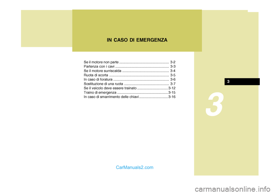 Hyundai Santa Fe 2005  Manuale del proprietario (in Italian) Se il motore non parte .................................................. 3-2 
Partenza con i cavi ...................................................... 3-3
Se il motore surriscalda .................