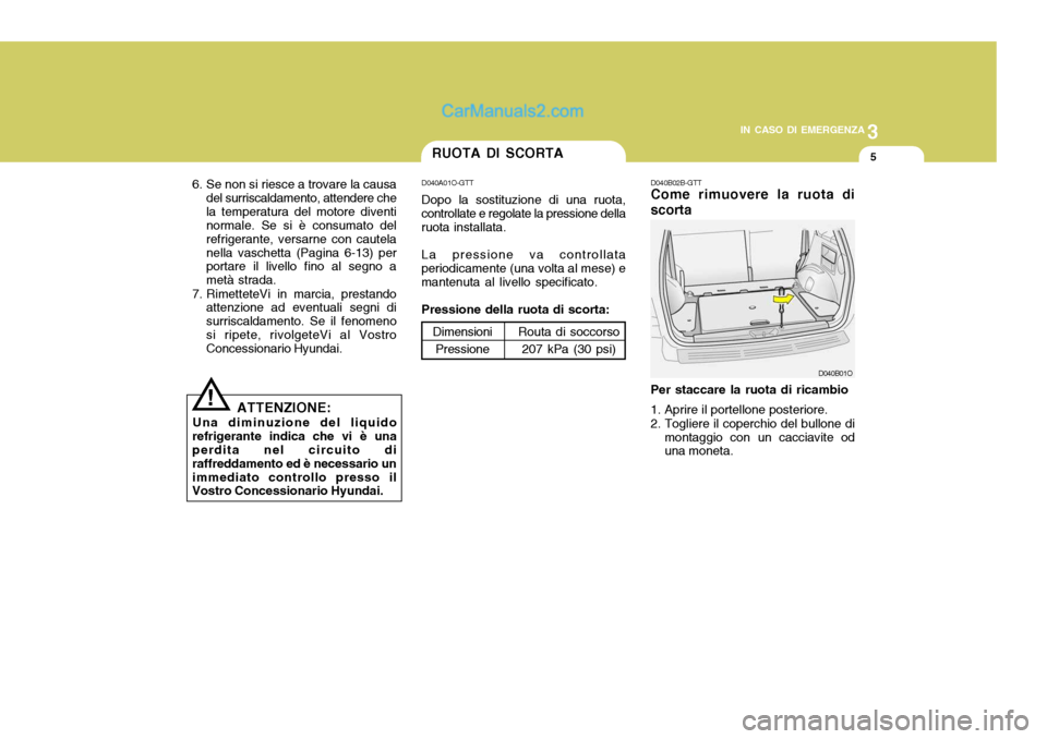 Hyundai Santa Fe 2005 Manuale del proprietario (in Italian) 3
IN CASO DI EMERGENZA
5RUOTA DI SCORTA
D040A01O-GTT Dopo la sostituzione di una ruota,
controllate e regolate la pressione della ruota installata.
La pressione va controllata
periodicamente (una volt Hyundai Santa Fe 2005 Manuale del proprietario (in Italian) 3
IN CASO DI EMERGENZA
5RUOTA DI SCORTA
D040A01O-GTT Dopo la sostituzione di una ruota,
controllate e regolate la pressione della ruota installata.
La pressione va controllata
periodicamente (una volt