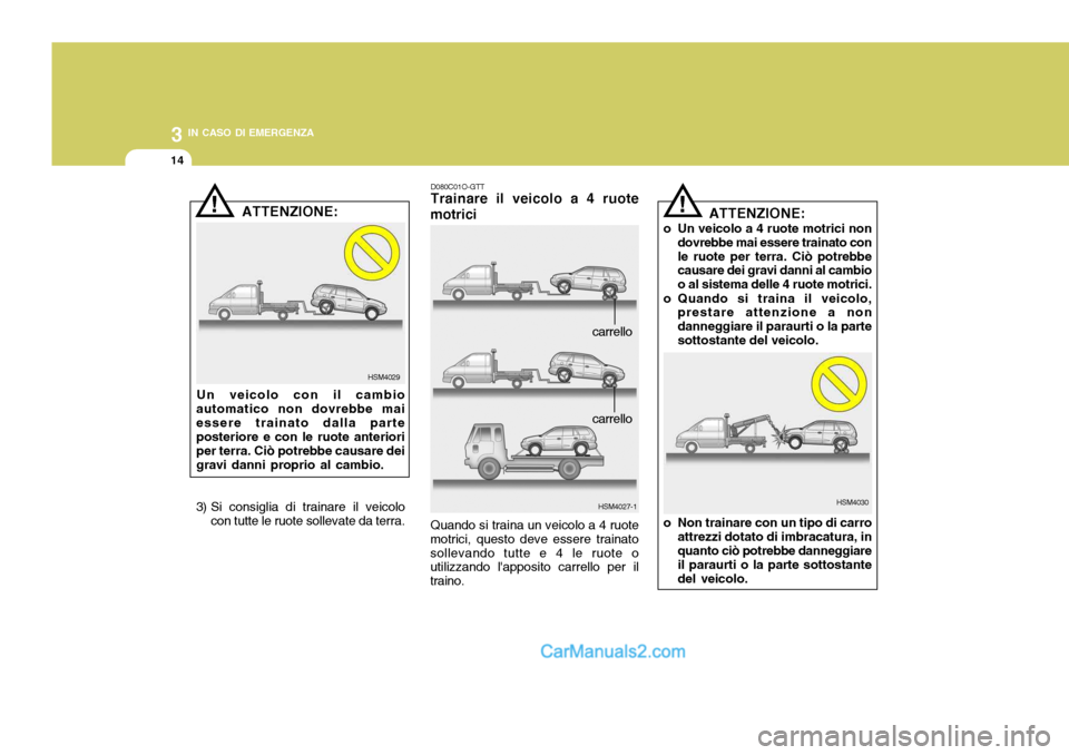 Hyundai Santa Fe 2005 Manuale del proprietario (in Italian) 3 IN CASO DI EMERGENZA
14
!
HSM4029
ATTENZIONE:
Un veicolo con il cambio
automatico non dovrebbe mai essere trainato dalla parte posteriore e con le ruote anteriori per terra. Ciò potrebbe causare de Hyundai Santa Fe 2005 Manuale del proprietario (in Italian) 3 IN CASO DI EMERGENZA
14
!
HSM4029
ATTENZIONE:
Un veicolo con il cambio
automatico non dovrebbe mai essere trainato dalla parte posteriore e con le ruote anteriori per terra. Ciò potrebbe causare de