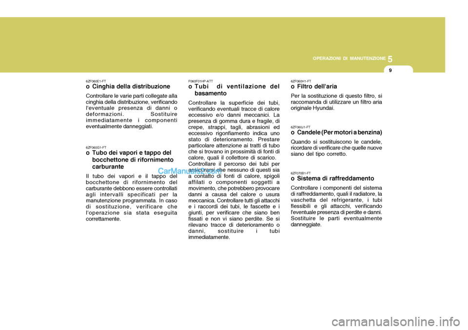 Hyundai Santa Fe 2005 Manuale del proprietario (in Italian) 5
OPERAZIONI DI MANUTENZIONE
9
6ZF060E1-FT
o Cinghia della distribuzione Controllare le varie parti collegate alla cinghia della distribuzione, verificando leventuale presenza di danni o deformazion Hyundai Santa Fe 2005 Manuale del proprietario (in Italian) 5
OPERAZIONI DI MANUTENZIONE
9
6ZF060E1-FT
o Cinghia della distribuzione Controllare le varie parti collegate alla cinghia della distribuzione, verificando leventuale presenza di danni o deformazion