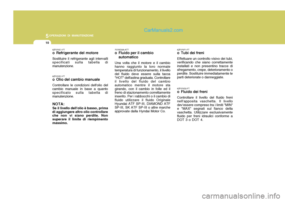 Hyundai Santa Fe 2005 Manuale del proprietario (in Italian) 5OPERAZIONI DI MANUTENZIONE
10
6ZF070F1-FT
o Tubi dei freni Effettuare un controllo visivo dei tubi,
verificando che siano correttamente installati e non presentino tracce disfregamento, crepe, deter Hyundai Santa Fe 2005 Manuale del proprietario (in Italian) 5OPERAZIONI DI MANUTENZIONE
10
6ZF070F1-FT
o Tubi dei freni Effettuare un controllo visivo dei tubi,
verificando che siano correttamente installati e non presentino tracce disfregamento, crepe, deter