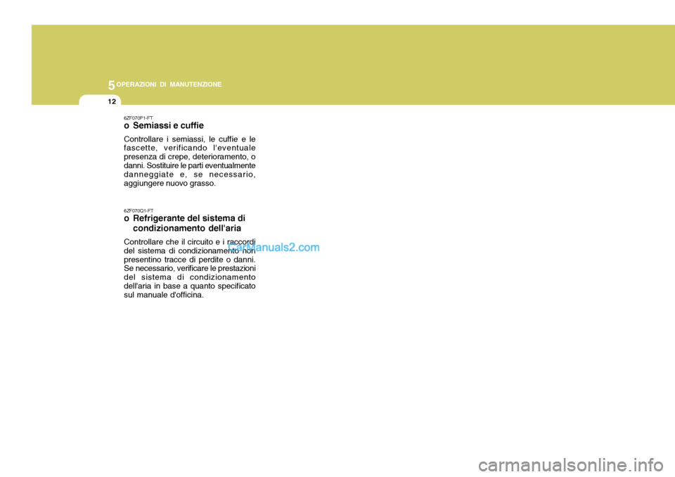 Hyundai Santa Fe 2005  Manuale del proprietario (in Italian) 5OPERAZIONI DI MANUTENZIONE
12
6ZF070P1-FT 
o Semiassi e cuffie Controllare i semiassi, le cuffie e le fascette, verificando leventuale presenza di crepe, deterioramento, odanni. Sostituire le parti 