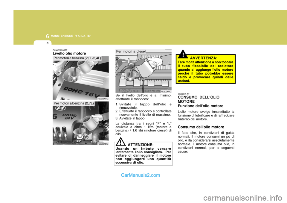 Hyundai Santa Fe 2005 Manuale del proprietario (in Italian) 6
8
MANUTENZIONE "FAI-DA-TE"
G030D02O-GTT Livello olio motore
G030D04O
G030D01O
Per motori a benzina (2,0L/2,4L)
Per motori a diesel
Se il livello dellolio è al minimo, effettuate il rabbocco:
1. Sv Hyundai Santa Fe 2005 Manuale del proprietario (in Italian) 6
8
MANUTENZIONE "FAI-DA-TE"
G030D02O-GTT Livello olio motore
G030D04O
G030D01O
Per motori a benzina (2,0L/2,4L)
Per motori a diesel
Se il livello dellolio è al minimo, effettuate il rabbocco:
1. Sv