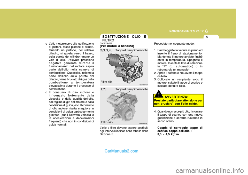 Hyundai Santa Fe 2005 Manuale del proprietario (in Italian) 6
MANUTENZIONE "FAI-DA-TE"
9
!
SOSTITUZIONE OLIO E FILTRO
G040A05A-GTT (Per motori a benzina) Procedete nel seguente modo:
1. Parcheggiate la vettura in piano ed
inserite il freno di stazionamento. M Hyundai Santa Fe 2005 Manuale del proprietario (in Italian) 6
MANUTENZIONE "FAI-DA-TE"
9
!
SOSTITUZIONE OLIO E FILTRO
G040A05A-GTT (Per motori a benzina) Procedete nel seguente modo:
1. Parcheggiate la vettura in piano ed
inserite il freno di stazionamento. M