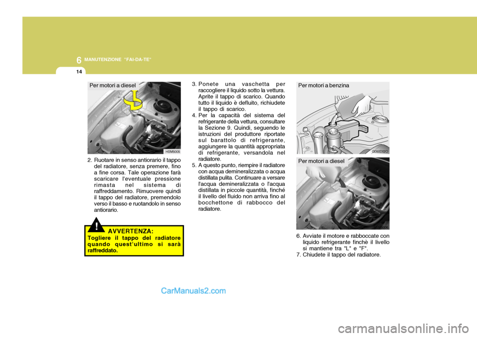 Hyundai Santa Fe 2005  Manuale del proprietario (in Italian) 6
14
MANUTENZIONE "FAI-DA-TE"
Per motori a dieselPer motori a benzina
3. Ponete una vaschetta per
raccogliere il liquido sotto la vettura. Aprite il tappo di scarico. Quando tutto il liquido è deflui