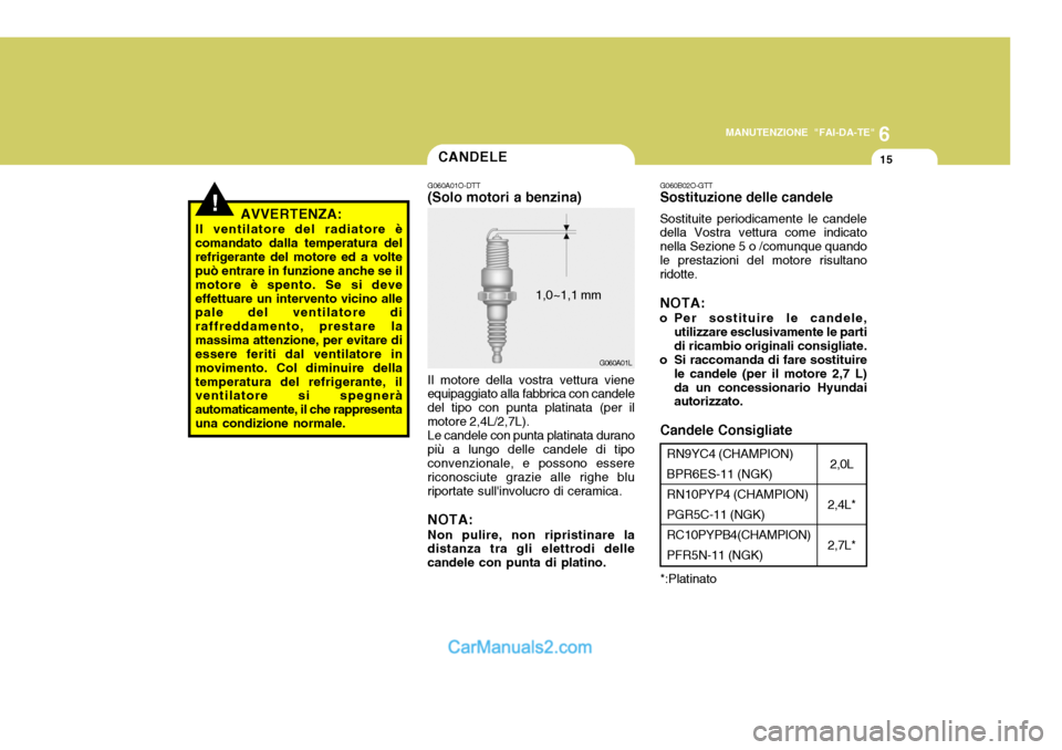 Hyundai Santa Fe 2005 Manuale del proprietario (in Italian) 6
MANUTENZIONE "FAI-DA-TE"
15CANDELE
G060A01O-DTT (Solo motori a benzina) Il motore della vostra vettura viene
equipaggiato alla fabbrica con candele del tipo con punta platinata (per ilmotore 2,4L/2, Hyundai Santa Fe 2005 Manuale del proprietario (in Italian) 6
MANUTENZIONE "FAI-DA-TE"
15CANDELE
G060A01O-DTT (Solo motori a benzina) Il motore della vostra vettura viene
equipaggiato alla fabbrica con candele del tipo con punta platinata (per ilmotore 2,4L/2,