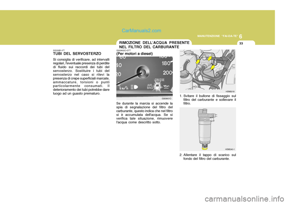 Hyundai Santa Fe 2005  Manuale del proprietario (in Italian) 6
MANUTENZIONE "FAI-DA-TE"
33RIMOZIONE DELLACQUA PRESENTE NEL FILTRO DEL CARBURANTE
G300A02O-GTT (Per motori a diesel)
Se durante la marcia si accende la
spia di segnalazione del filtro del carburant