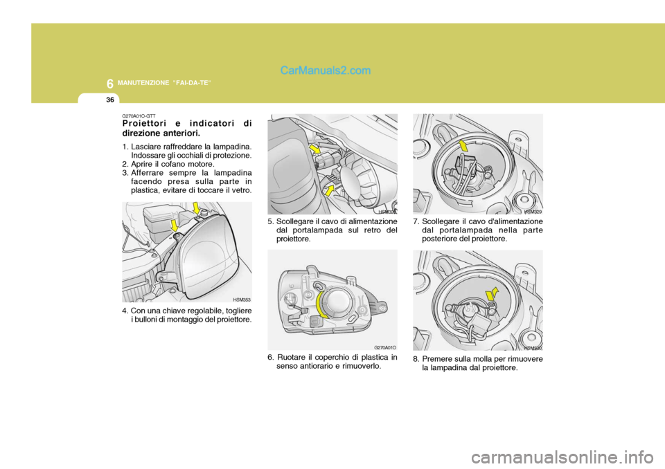 Hyundai Santa Fe 2005  Manuale del proprietario (in Italian) 6
36
MANUTENZIONE "FAI-DA-TE"
HSM329
7. Scollegare il cavo dalimentazione dal portalampada nella parte posteriore del proiettore.
HSM330
8. Premere sulla molla per rimuovere la lampadina dal proietto