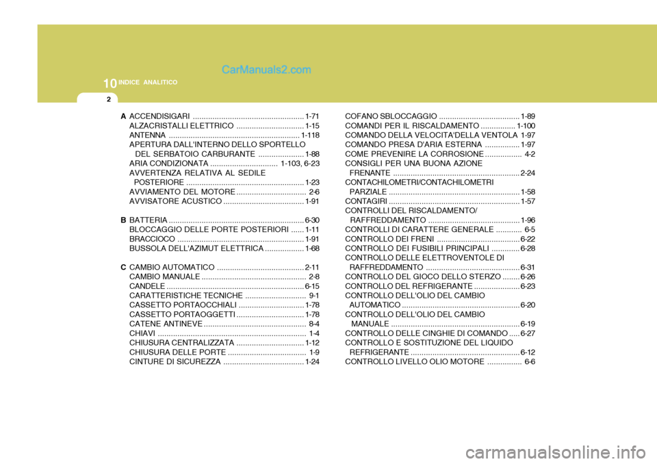 Hyundai Santa Fe 2005 Manuale del proprietario (in Italian) 10INDICE ANALITICO
2
AACCENDISIGARI ................................................... 1-71
ALZACRISTALLI ELETTRICO ...............................1-15
ANTENNA ....................................... Hyundai Santa Fe 2005 Manuale del proprietario (in Italian) 10INDICE ANALITICO
2
AACCENDISIGARI ................................................... 1-71
ALZACRISTALLI ELETTRICO ...............................1-15
ANTENNA .......................................