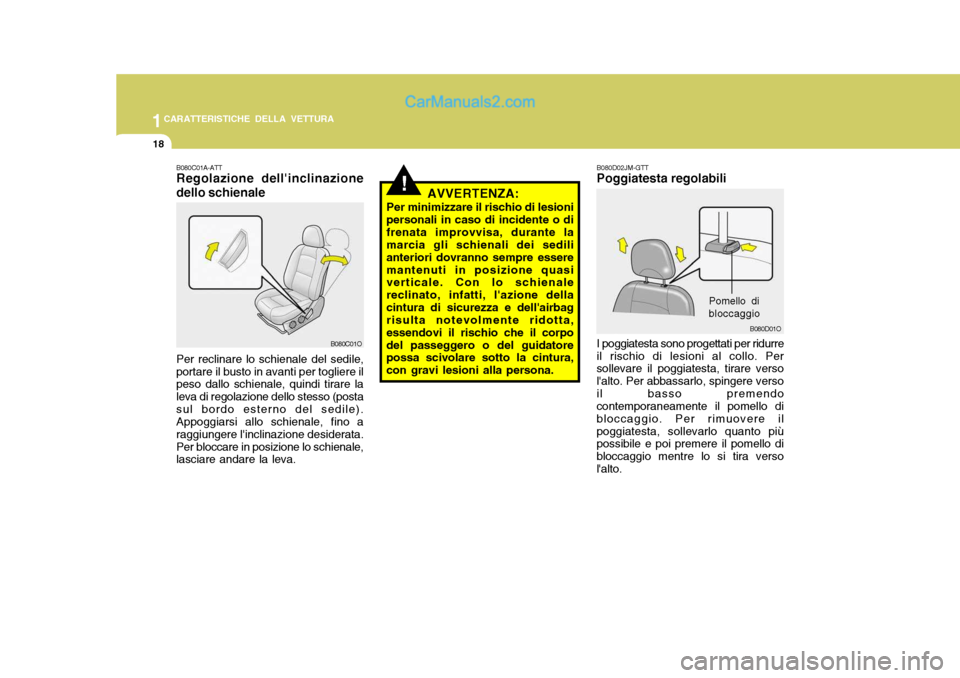 Hyundai Santa Fe 2005 Manuale del proprietario (in Italian) 1CARATTERISTICHE DELLA VETTURA
18
!
B080D01O
B080C01A-ATT Regolazione dellinclinazione dello schienale Per reclinare lo schienale del sedile, portare il busto in avanti per togliere il peso dallo sch Hyundai Santa Fe 2005 Manuale del proprietario (in Italian) 1CARATTERISTICHE DELLA VETTURA
18
!
B080D01O
B080C01A-ATT Regolazione dellinclinazione dello schienale Per reclinare lo schienale del sedile, portare il busto in avanti per togliere il peso dallo sch