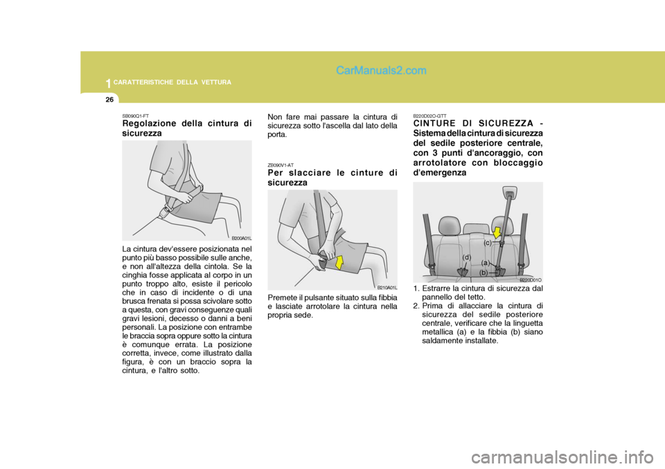 Hyundai Santa Fe 2005 Manuale del proprietario (in Italian) 1CARATTERISTICHE DELLA VETTURA
26
(b)
B220D02O-GTT CINTURE DI SICUREZZA -
Sistema della cintura di sicurezza del sedile posteriore centrale,con 3 punti dancoraggio, conarrotolatore con bloccaggiodem Hyundai Santa Fe 2005 Manuale del proprietario (in Italian) 1CARATTERISTICHE DELLA VETTURA
26
(b)
B220D02O-GTT CINTURE DI SICUREZZA -
Sistema della cintura di sicurezza del sedile posteriore centrale,con 3 punti dancoraggio, conarrotolatore con bloccaggiodem