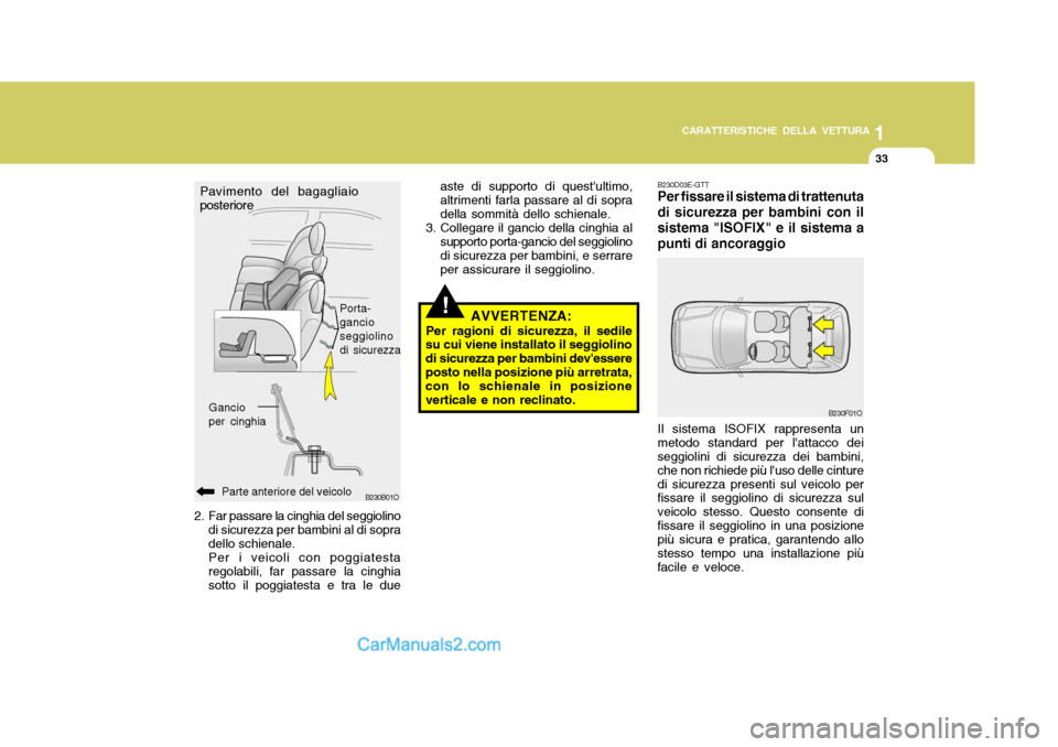 Hyundai Santa Fe 2005 Manuale del proprietario (in Italian) 1
CARATTERISTICHE DELLA VETTURA
33
!
aste di supporto di questultimo, altrimenti farla passare al di sopradella sommità dello schienale.
3. Collegare il gancio della cinghia al
supporto porta-gancio Hyundai Santa Fe 2005 Manuale del proprietario (in Italian) 1
CARATTERISTICHE DELLA VETTURA
33
!
aste di supporto di questultimo, altrimenti farla passare al di sopradella sommità dello schienale.
3. Collegare il gancio della cinghia al
supporto porta-gancio