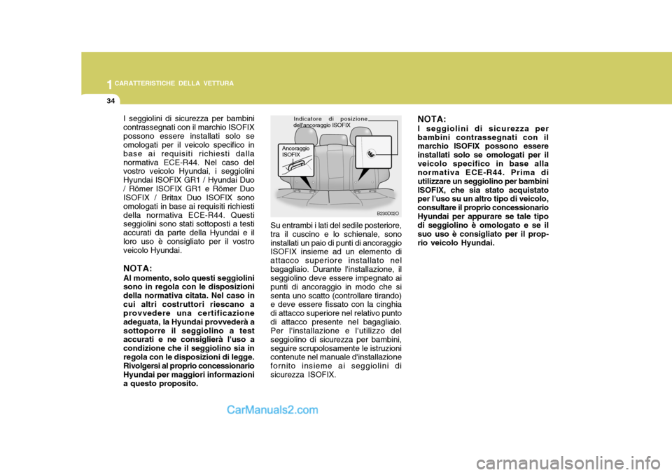 Hyundai Santa Fe 2005 Manuale del proprietario (in Italian) 1CARATTERISTICHE DELLA VETTURA
34
NOTA:I seggiolini di sicurezza per
bambini contrassegnati con il marchio ISOFIX possono essere installati solo se omologati per ilveicolo specifico in base alla norma Hyundai Santa Fe 2005 Manuale del proprietario (in Italian) 1CARATTERISTICHE DELLA VETTURA
34
NOTA:I seggiolini di sicurezza per
bambini contrassegnati con il marchio ISOFIX possono essere installati solo se omologati per ilveicolo specifico in base alla norma