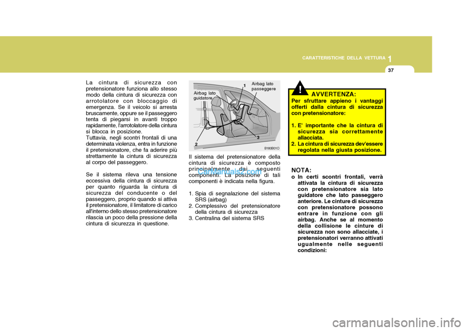 Hyundai Santa Fe 2005 Manuale del proprietario (in Italian) 1
CARATTERISTICHE DELLA VETTURA
37
La cintura di sicurezza con
pretensionatore funziona allo stesso modo della cintura di sicurezza con arrotolatore con bloccaggio di emergenza. Se il veicolo si arres Hyundai Santa Fe 2005 Manuale del proprietario (in Italian) 1
CARATTERISTICHE DELLA VETTURA
37
La cintura di sicurezza con
pretensionatore funziona allo stesso modo della cintura di sicurezza con arrotolatore con bloccaggio di emergenza. Se il veicolo si arres