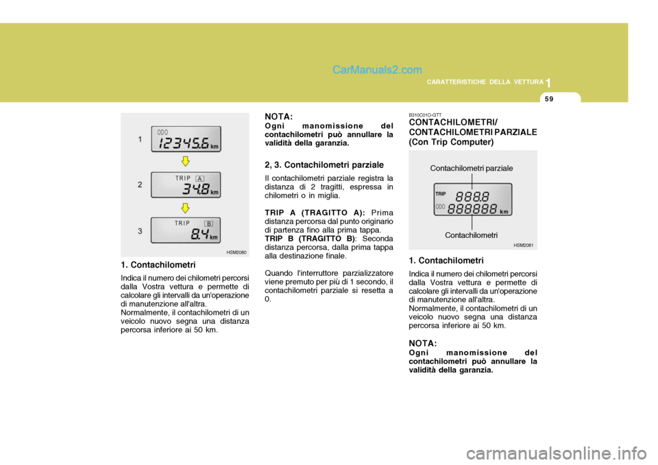 Hyundai Santa Fe 2005 Manuale del proprietario (in Italian) 1
CARATTERISTICHE DELLA VETTURA
59
1. Contachilometri Indica il numero dei chilometri percorsi dalla Vostra vettura e permette dicalcolare gli intervalli da unoperazione di manutenzione allaltra. No Hyundai Santa Fe 2005 Manuale del proprietario (in Italian) 1
CARATTERISTICHE DELLA VETTURA
59
1. Contachilometri Indica il numero dei chilometri percorsi dalla Vostra vettura e permette dicalcolare gli intervalli da unoperazione di manutenzione allaltra. No
