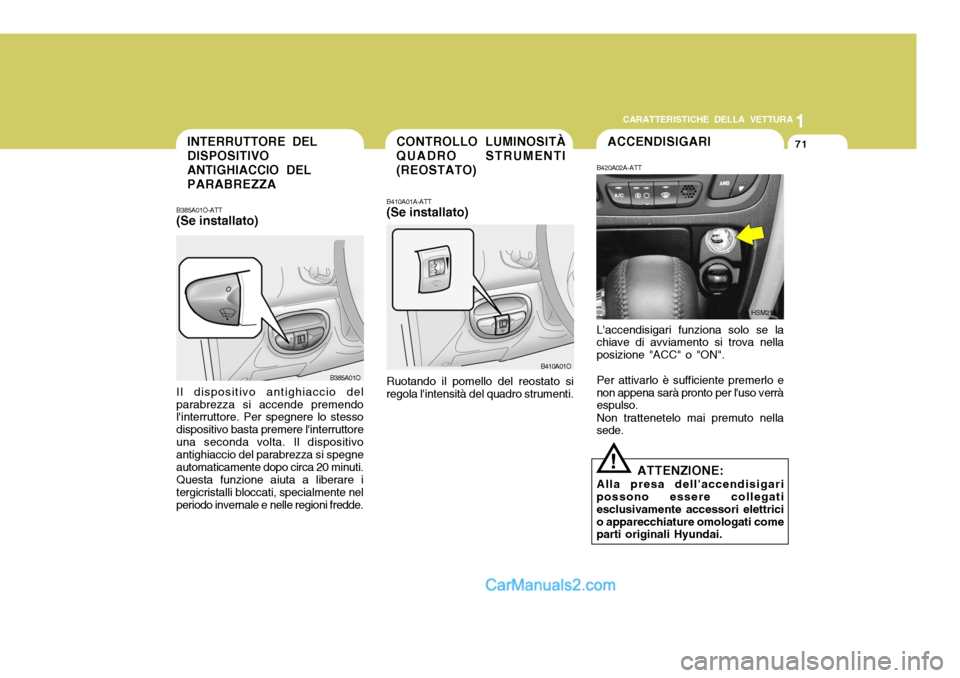 Hyundai Santa Fe 2005 Manuale del proprietario (in Italian) 1
CARATTERISTICHE DELLA VETTURA
71ACCENDISIGARICONTROLLO LUMINOSITÀ QUADRO STRUMENTI (REOSTATO)
B410A01A-ATT (Se installato)
B410A01OB420A02A-ATT
HSM2157
Laccendisigari funziona solo se lachiave di Hyundai Santa Fe 2005 Manuale del proprietario (in Italian) 1
CARATTERISTICHE DELLA VETTURA
71ACCENDISIGARICONTROLLO LUMINOSITÀ QUADRO STRUMENTI (REOSTATO)
B410A01A-ATT (Se installato)
B410A01OB420A02A-ATT
HSM2157
Laccendisigari funziona solo se lachiave di