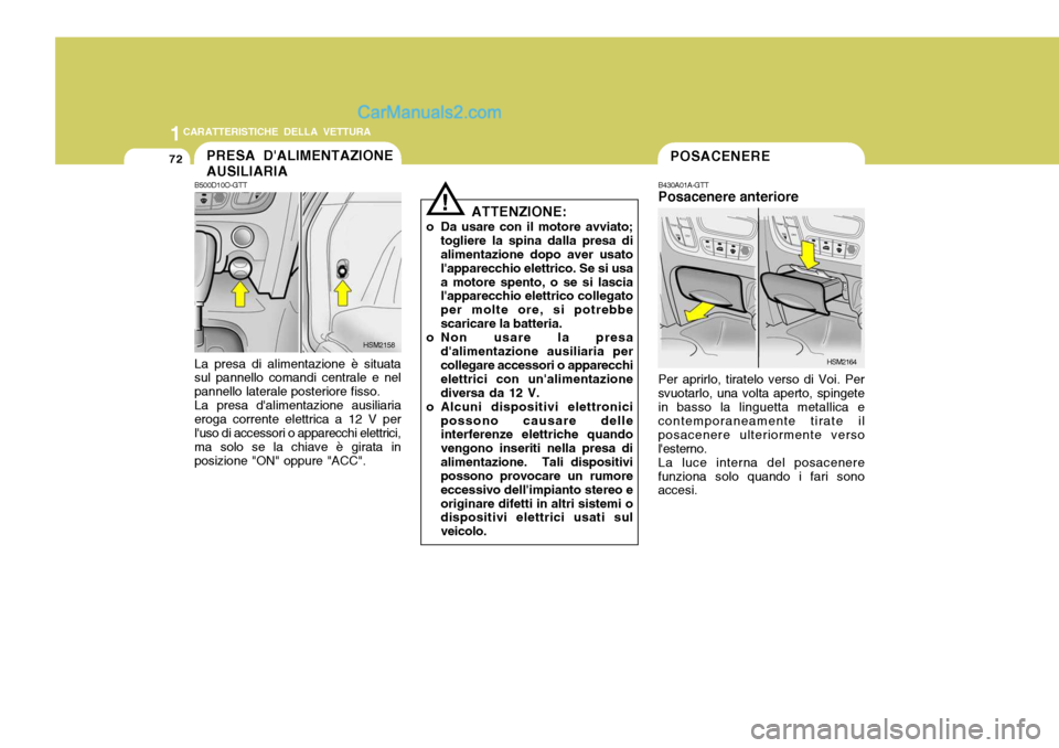 Hyundai Santa Fe 2005 Manuale del proprietario (in Italian) 1CARATTERISTICHE DELLA VETTURA
72POSACENEREPRESA DALIMENTAZIONE AUSILIARIA
B500D10O-GTT
HSM2158
La presa di alimentazione è situata sul pannello comandi centrale e nel pannello laterale posteriore f Hyundai Santa Fe 2005 Manuale del proprietario (in Italian) 1CARATTERISTICHE DELLA VETTURA
72POSACENEREPRESA DALIMENTAZIONE AUSILIARIA
B500D10O-GTT
HSM2158
La presa di alimentazione è situata sul pannello comandi centrale e nel pannello laterale posteriore f