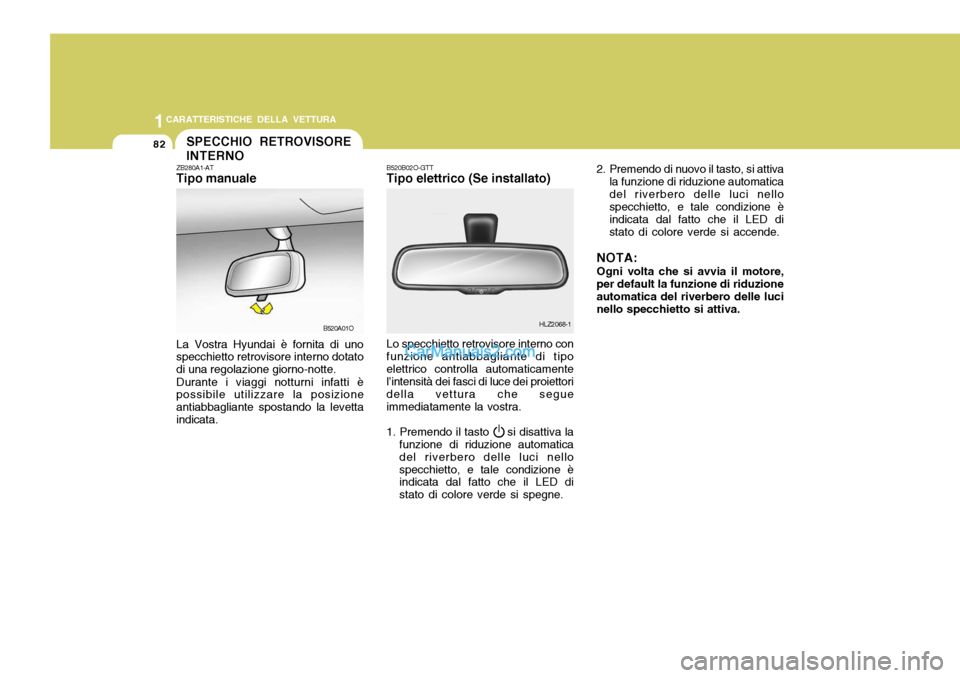 Hyundai Santa Fe 2005 Manuale del proprietario (in Italian) 1CARATTERISTICHE DELLA VETTURA
82SPECCHIO RETROVISORE INTERNO
ZB280A1-AT Tipo manuale La Vostra Hyundai è fornita di uno specchietto retrovisore interno dotato di una regolazione giorno-notte. Durant Hyundai Santa Fe 2005 Manuale del proprietario (in Italian) 1CARATTERISTICHE DELLA VETTURA
82SPECCHIO RETROVISORE INTERNO
ZB280A1-AT Tipo manuale La Vostra Hyundai è fornita di uno specchietto retrovisore interno dotato di una regolazione giorno-notte. Durant