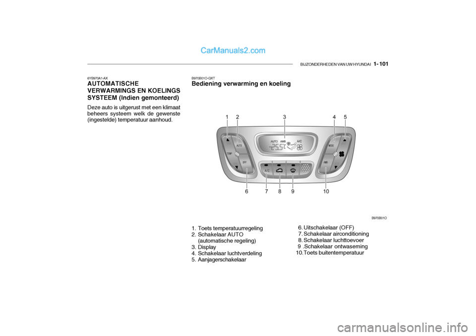 Hyundai Santa Fe 2005  Handleiding (in Dutch) BIJZONDERHEDEN VAN UW HYUNDAI   1- 101
6YB970A1-AX AUTOMATISCHE VERWARMINGS EN KOELINGS SYSTEEM (Indien gemonteerd) Deze auto is uitgerust met een klimaat beheers systeem welk de gewenste (ingestelde)