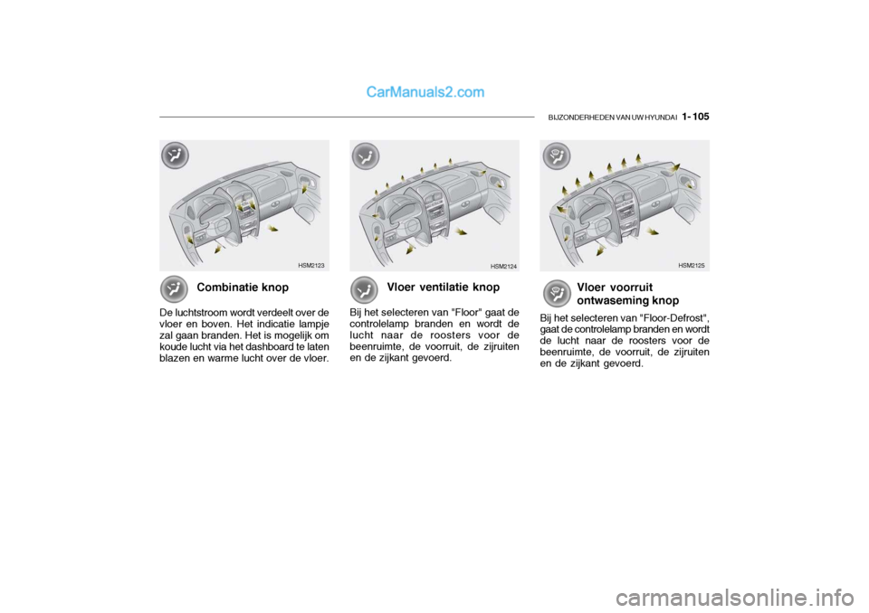 Hyundai Santa Fe 2005  Handleiding (in Dutch) BIJZONDERHEDEN VAN UW HYUNDAI   1- 105
Vloer voorruit ontwaseming knop
Bij het selecteren van "Floor-Defrost", gaat de controlelamp branden en wordt de lucht naar de roosters voor debeenruimte, de voo