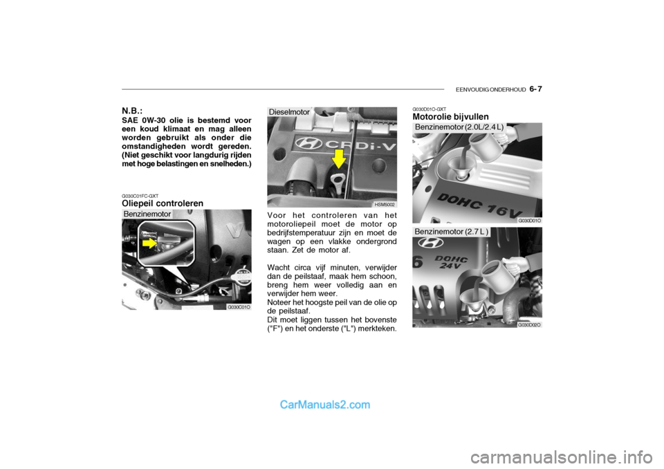 Hyundai Santa Fe 2005  Handleiding (in Dutch) EENVOUDIG ONDERHOUD   6- 7
G030D01O-GXT Motorolie bijvullen
G030C01FC-GXT Oliepeil controleren
G030C01O HSM5002
G030D01O
Benzinemotor (2.0L/2.4 L)
Dieselmotor
Voor het controleren van het motoroliepei