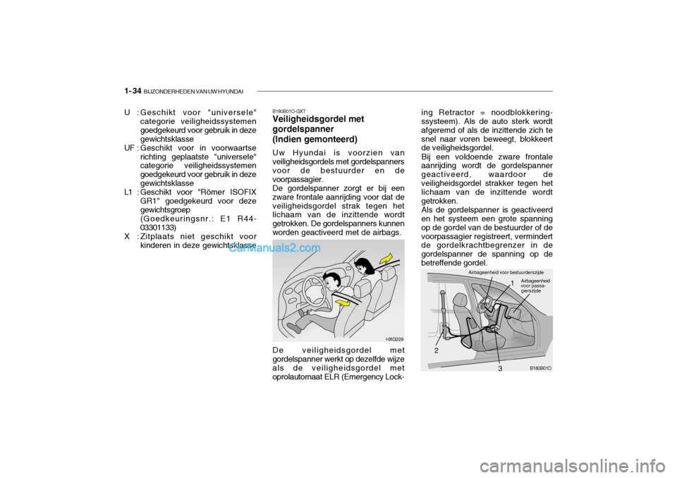 Hyundai Santa Fe 2005 Handleiding (in Dutch) 1- 34 BIJZONDERHEDEN VAN UW HYUNDAI
ing Retractor = noodblokkering- ssysteem). Als de auto sterk wordt afgeremd of als de inzittende zich tesnel naar voren beweegt, blokkeert de veiligheidsgordel.
Bi Hyundai Santa Fe 2005 Handleiding (in Dutch) 1- 34 BIJZONDERHEDEN VAN UW HYUNDAI
ing Retractor = noodblokkering- ssysteem). Als de auto sterk wordt afgeremd of als de inzittende zich tesnel naar voren beweegt, blokkeert de veiligheidsgordel.
Bi