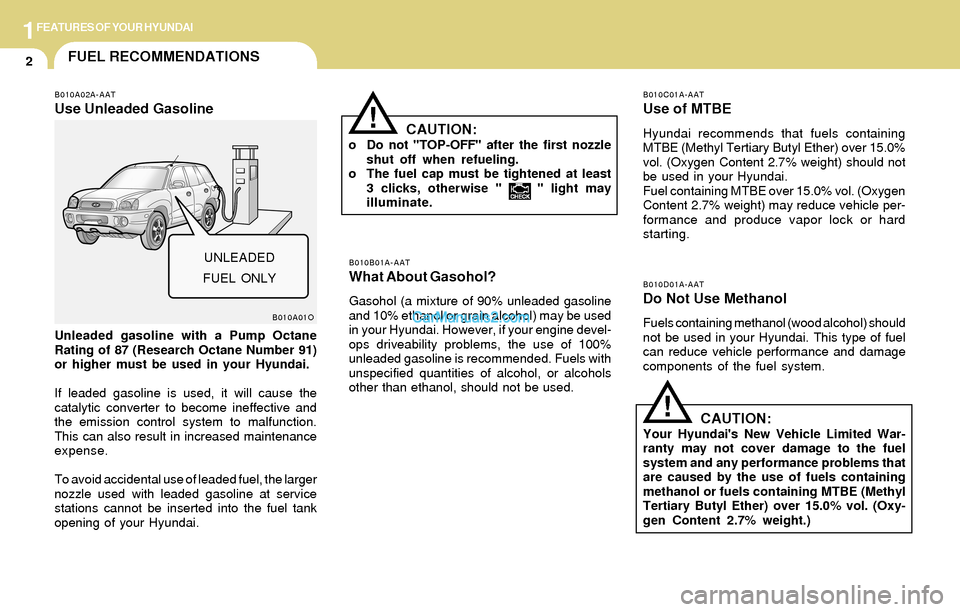 Hyundai Santa Fe 2004 Owners Manual 1FEATURES OF YOUR HYUNDAI
2FUEL RECOMMENDATIONS
CAUTION:Your Hyundais New Vehicle Limited War-
ranty may not cover damage to the fuel
system and any performance problems that
are caused by the use of Hyundai Santa Fe 2004 Owners Manual 1FEATURES OF YOUR HYUNDAI
2FUEL RECOMMENDATIONS
CAUTION:Your Hyundais New Vehicle Limited War-
ranty may not cover damage to the fuel
system and any performance problems that
are caused by the use of