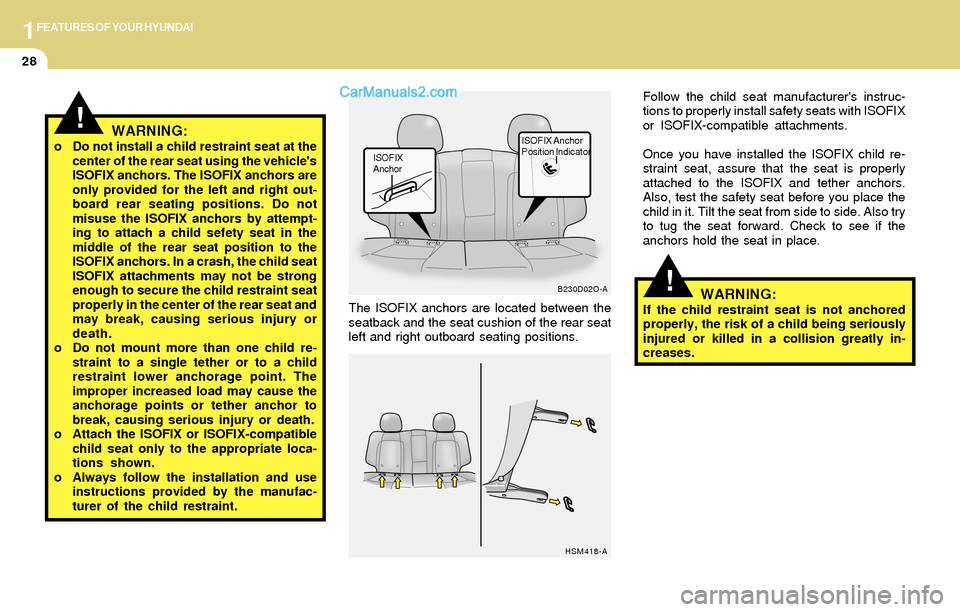 Hyundai Santa Fe 2004 Owners Manual 1FEATURES OF YOUR HYUNDAI
28
!WARNING:If the child restraint seat is not anchored
properly, the risk of a child being seriously
injured or killed in a collision greatly in-
creases. The ISOFIX anchors Hyundai Santa Fe 2004 Owners Manual 1FEATURES OF YOUR HYUNDAI
28
!WARNING:If the child restraint seat is not anchored
properly, the risk of a child being seriously
injured or killed in a collision greatly in-
creases. The ISOFIX anchors