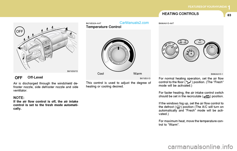 Hyundai Santa Fe 2004  Owners Manual 1FEATURES OF YOUR HYUNDAI
83HEATING CONTROLS
B690A01O-AAT
For normal heating operation, set the air flow
control to the floor (        ) position. (The "Fresh"
mode will be activated.)
For faster heat