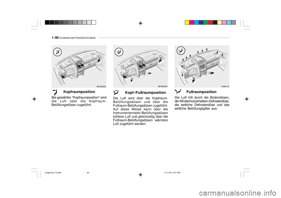 Hyundai Santa Fe 2004  Betriebsanleitung (in German) 1- 90  ELGENSCHAFTEN DES HYUNDAI
Kopfraumposition
Bei gewählter "Kopfraumposition" wird die Luft über die Kopfraum-Belüftungsdüsen zugeführt. Kopf-/Fußraumposition
Die Luft wird über die Kopfra