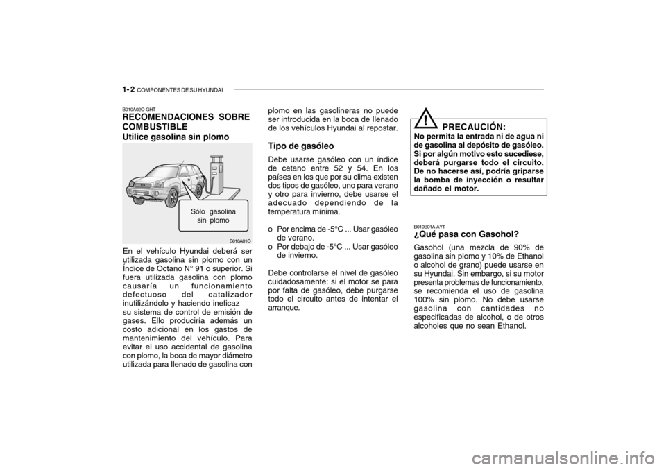 Hyundai Santa Fe 2004  Manual del propietario (in Spanish) 1- 2  COMPONENTES DE SU HYUNDAI
B010A01O
B010A02O-GHT RECOMENDACIONES SOBRE COMBUSTIBLEUtilice gasolina sin plomo
En el vehículo Hyundai deberá ser utilizada gasolina sin plomo con un Índice de Oct