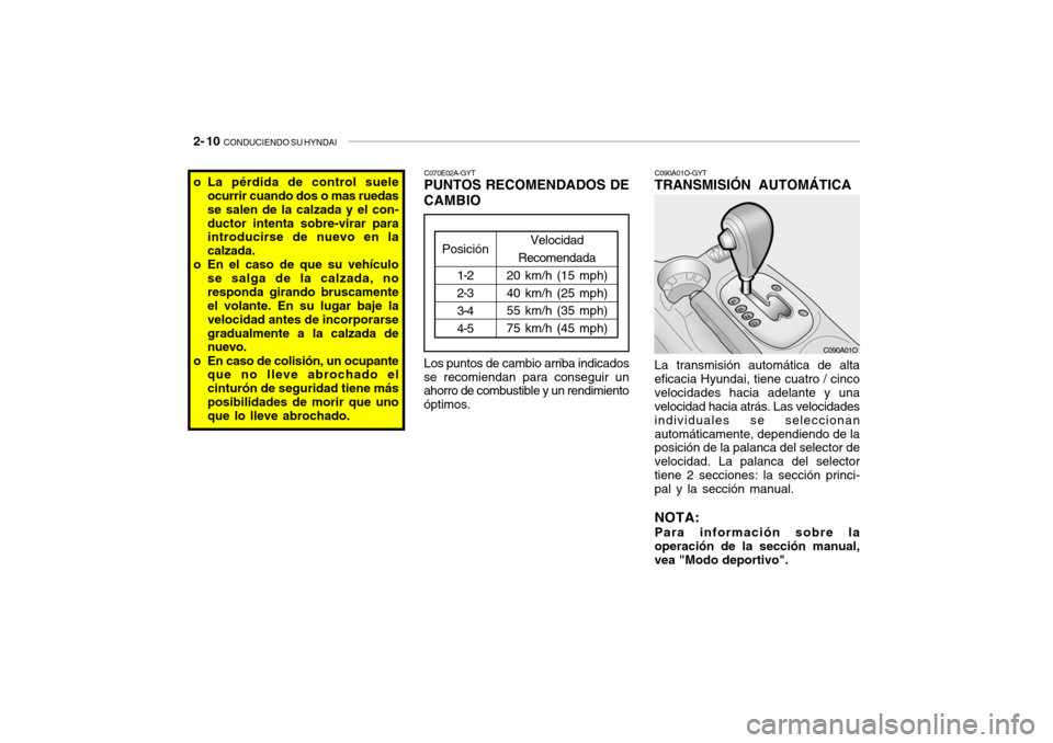 Hyundai Santa Fe 2004 Manual del propietario (in Spanish) 2- 10 CONDUCIENDO SU HYNDAI
C090A01O
La transmisión automática de alta eficacia Hyundai, tiene cuatro / cincovelocidades hacia adelante y una velocidad hacia atrás. Las velocidades individuales se Hyundai Santa Fe 2004 Manual del propietario (in Spanish) 2- 10 CONDUCIENDO SU HYNDAI
C090A01O
La transmisión automática de alta eficacia Hyundai, tiene cuatro / cincovelocidades hacia adelante y una velocidad hacia atrás. Las velocidades individuales se