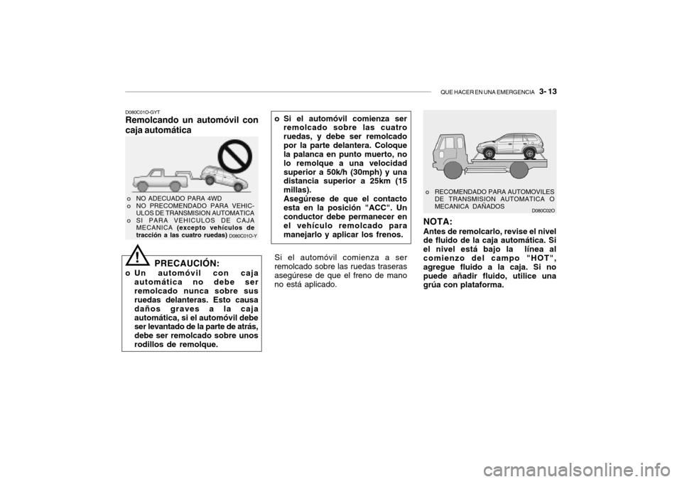 Hyundai Santa Fe 2004 Manual del propietario (in Spanish) QUE HACER EN UNA EMERGENCIA 3- 13
D080C01O-Y
D080C01O-GYT Remolcando un automóvil con caja automática
PRECAUCIÓN:
o Un automóvil con caja automática no debe ser remolcado nunca sobre sus ruedas Hyundai Santa Fe 2004 Manual del propietario (in Spanish) QUE HACER EN UNA EMERGENCIA 3- 13
D080C01O-Y
D080C01O-GYT Remolcando un automóvil con caja automática
PRECAUCIÓN:
o Un automóvil con caja automática no debe ser remolcado nunca sobre sus ruedas