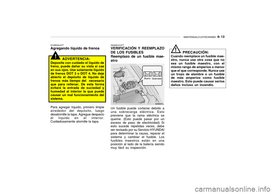 Hyundai Santa Fe 2004 Manual del propietario (in Spanish) MANTENGALO USTED MISMO 6- 13
!
G120E02A-AYT Agregando líquido de frenos
ADVERTENCIA:
Deposite con cuidado el líquido defreno, puede dañar su vista si cae en sus ojos. Use solamente líquidode fre Hyundai Santa Fe 2004 Manual del propietario (in Spanish) MANTENGALO USTED MISMO 6- 13
!
G120E02A-AYT Agregando líquido de frenos
ADVERTENCIA:
Deposite con cuidado el líquido defreno, puede dañar su vista si cae en sus ojos. Use solamente líquidode fre