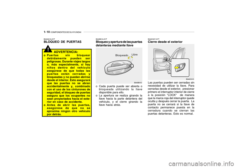 Hyundai Santa Fe 2004 Manual del propietario (in Spanish) 1- 10 COMPONENTES DE SU HYUNDAI
B040C02Y-AYT Cierre desde el exterior Las puertas pueden ser cerradas sin
necesidad de utilizar la llave. Para cerrarlas desde el exterior, presionar primero el inter Hyundai Santa Fe 2004 Manual del propietario (in Spanish) 1- 10 COMPONENTES DE SU HYUNDAI
B040C02Y-AYT Cierre desde el exterior Las puertas pueden ser cerradas sin
necesidad de utilizar la llave. Para cerrarlas desde el exterior, presionar primero el inter