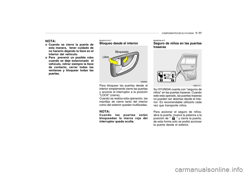 Hyundai Santa Fe 2004 Manual del propietario (in Spanish) COMPONENTES DE SU HYUNDAI 1- 11
HSM362
Libre
B040D01S-AYT Bloqueo desde el interior Para bloquear las puertas desde el
interior simplemente cierre las puertas y accione el interruptor a la posición Hyundai Santa Fe 2004 Manual del propietario (in Spanish) COMPONENTES DE SU HYUNDAI 1- 11
HSM362
Libre
B040D01S-AYT Bloqueo desde el interior Para bloquear las puertas desde el
interior simplemente cierre las puertas y accione el interruptor a la posición